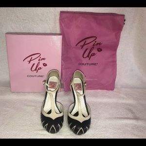 Vintage Style Black & Cream T-Strap Platform Cutout Heels